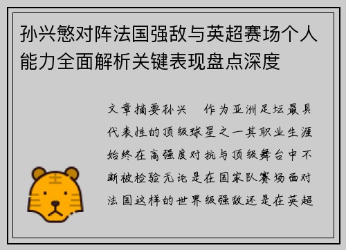 孙兴慜对阵法国强敌与英超赛场个人能力全面解析关键表现盘点深度